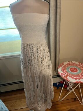 ETC white Strapless Crochet Midi Dress